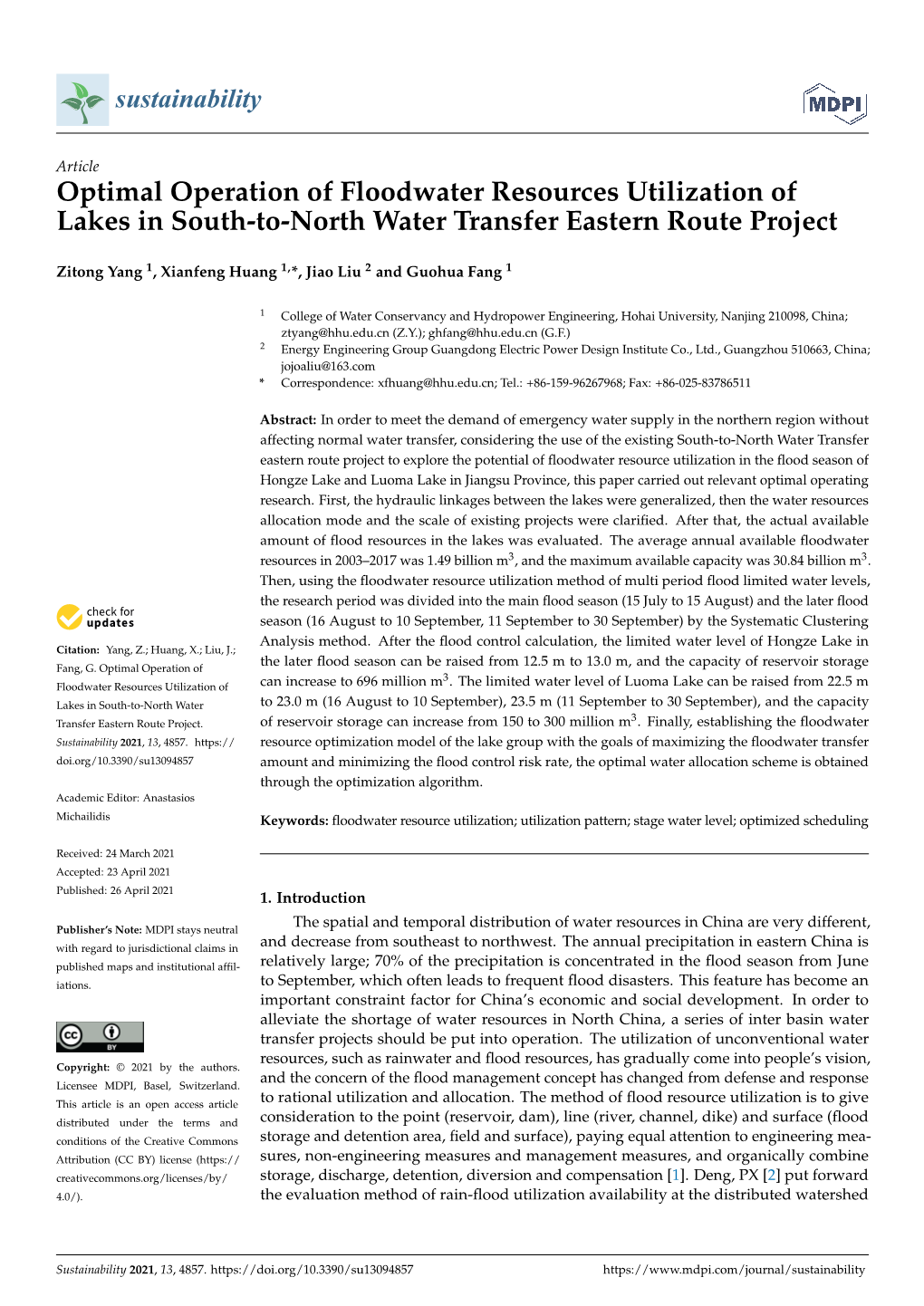 Optimal Operation of Floodwater Resources Utilization of Lakes in South-To-North Water Transfer Eastern Route Project