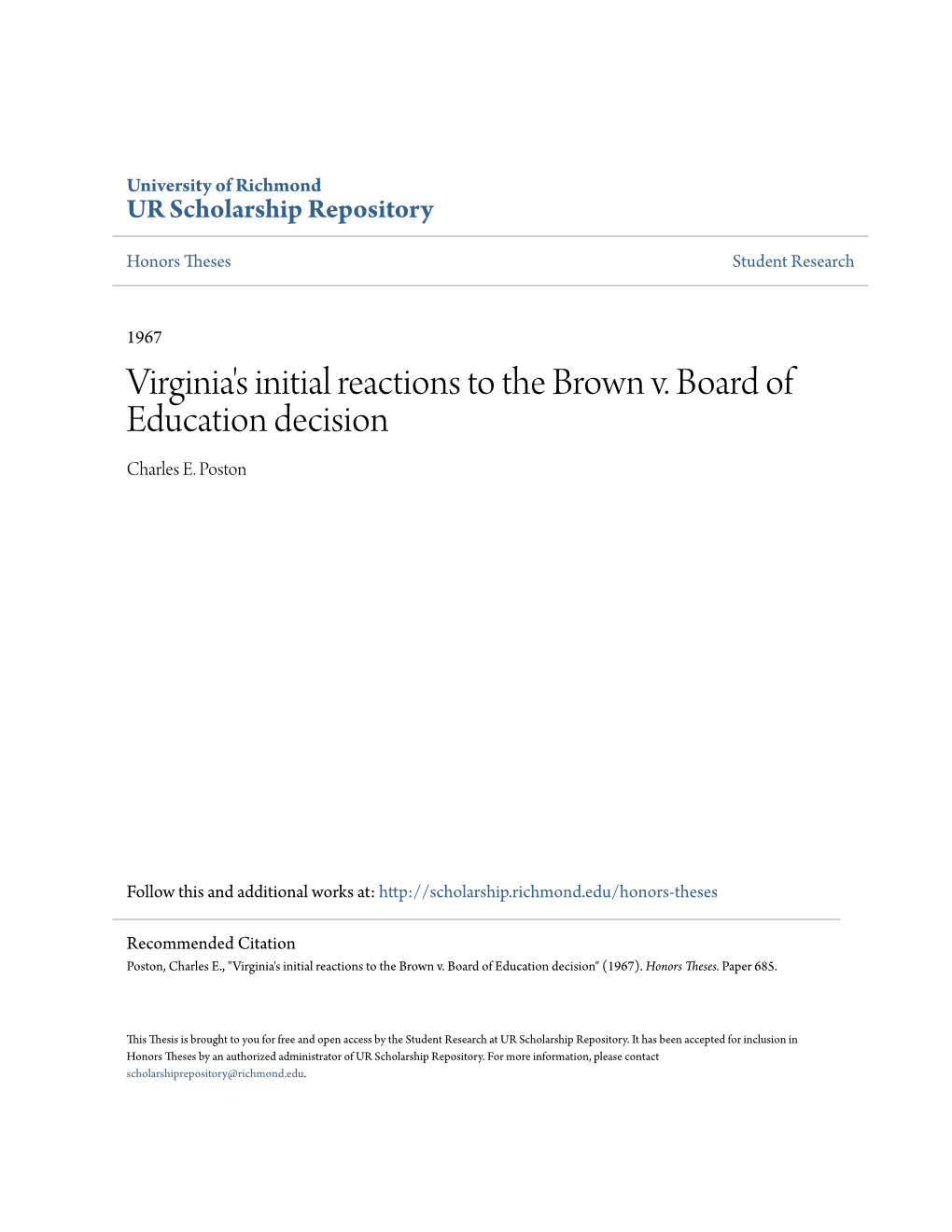 Virginia's Initial Reactions to the Brown V. Board of Education Decision Charles E