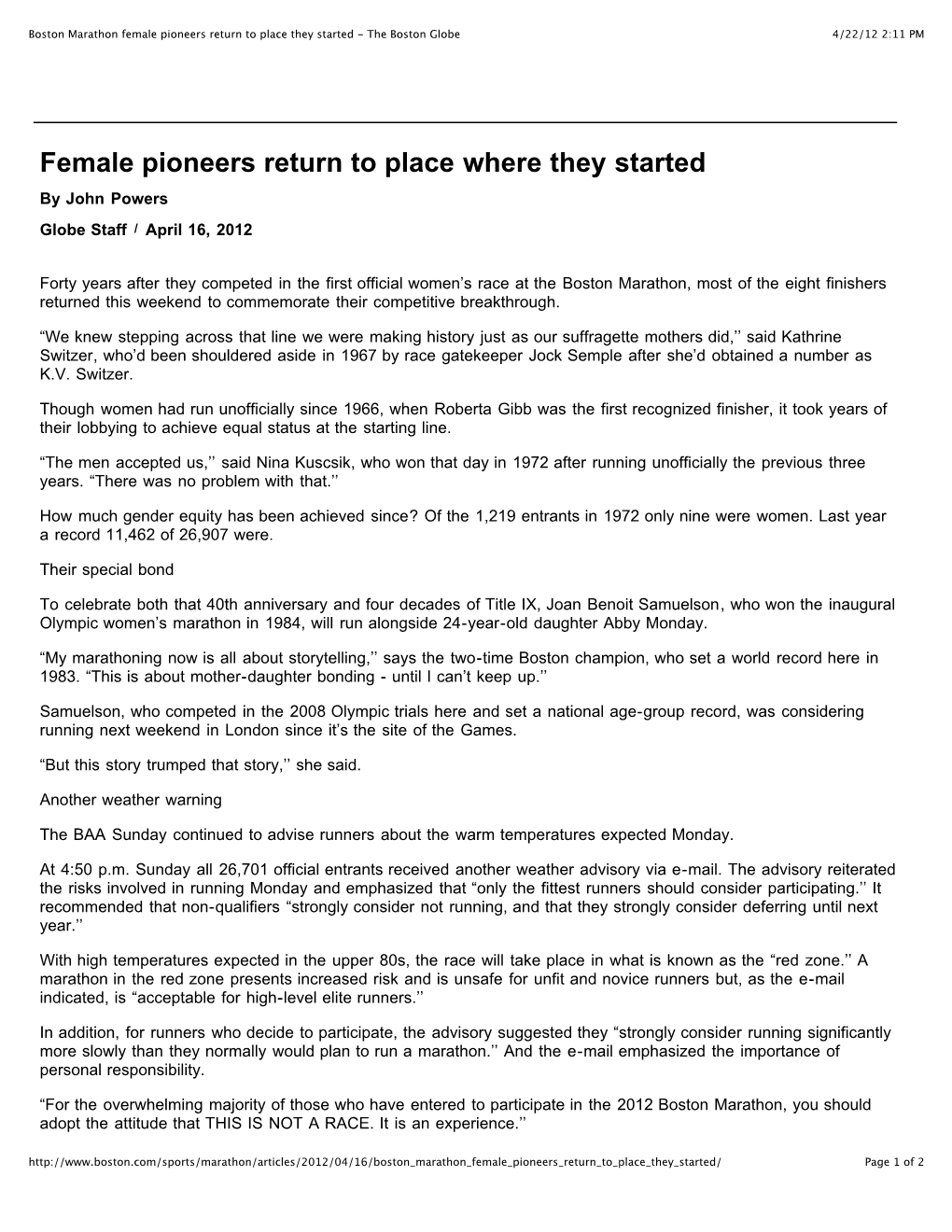 Boston Marathon Female Pioneers Return to Place They Started - the Boston Globe 4/22/12 2:11 PM