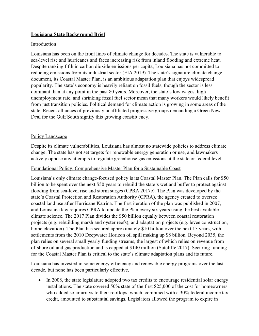 Louisiana State Background Brief Introduction Louisiana Has Been on the Front Lines of Climate Change for Decades