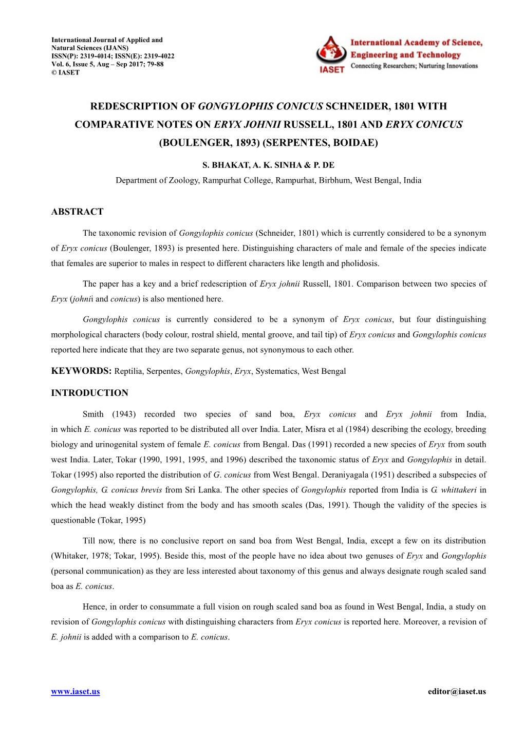 Redescription of Gongylophis Conicus (Schneider, 1801) with Comparative Notes on 81 Eryx Johnii Russell, 1801 and Eryx Conicus (Boulenger, 1893) (Serpentes, Boidae)