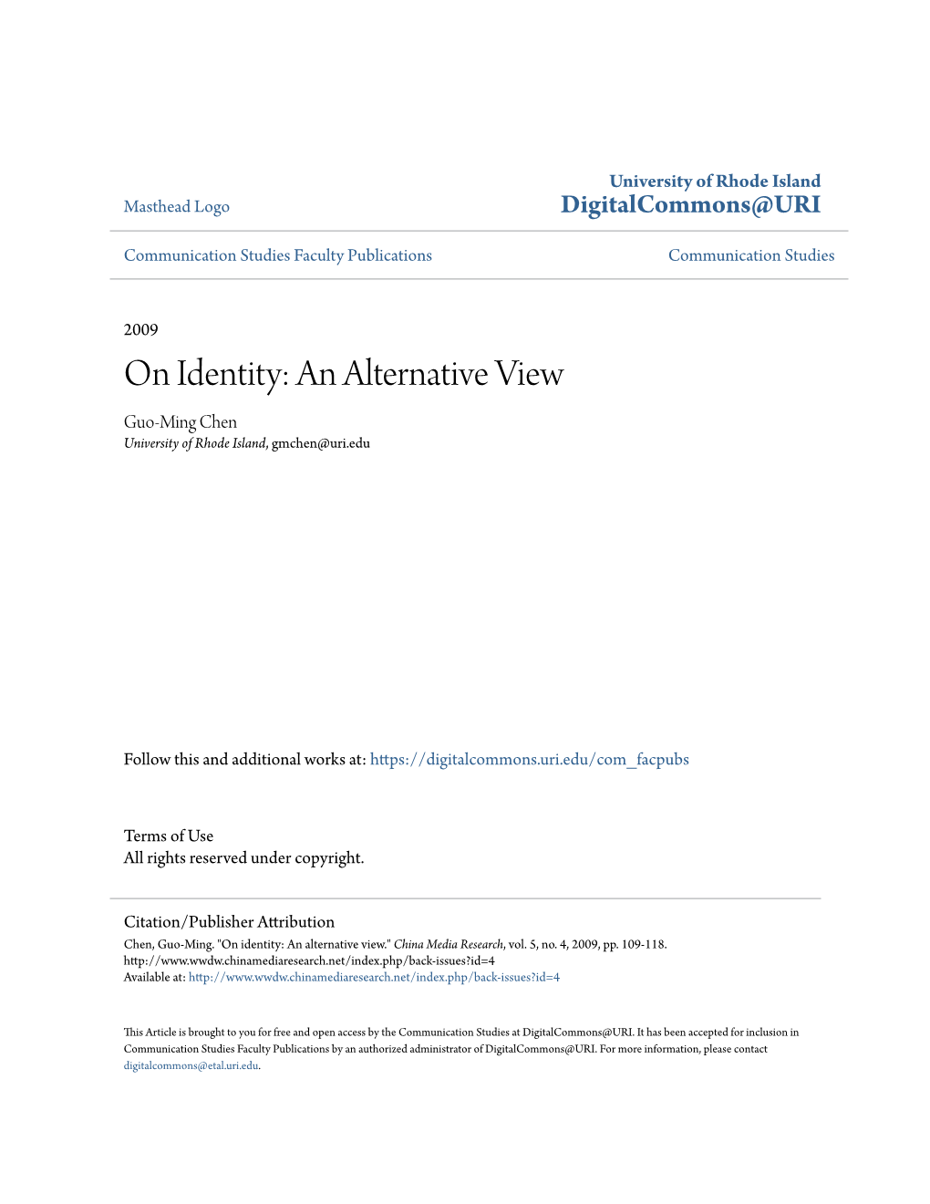 On Identity: an Alternative View Guo-Ming Chen University of Rhode Island, Gmchen@Uri.Edu