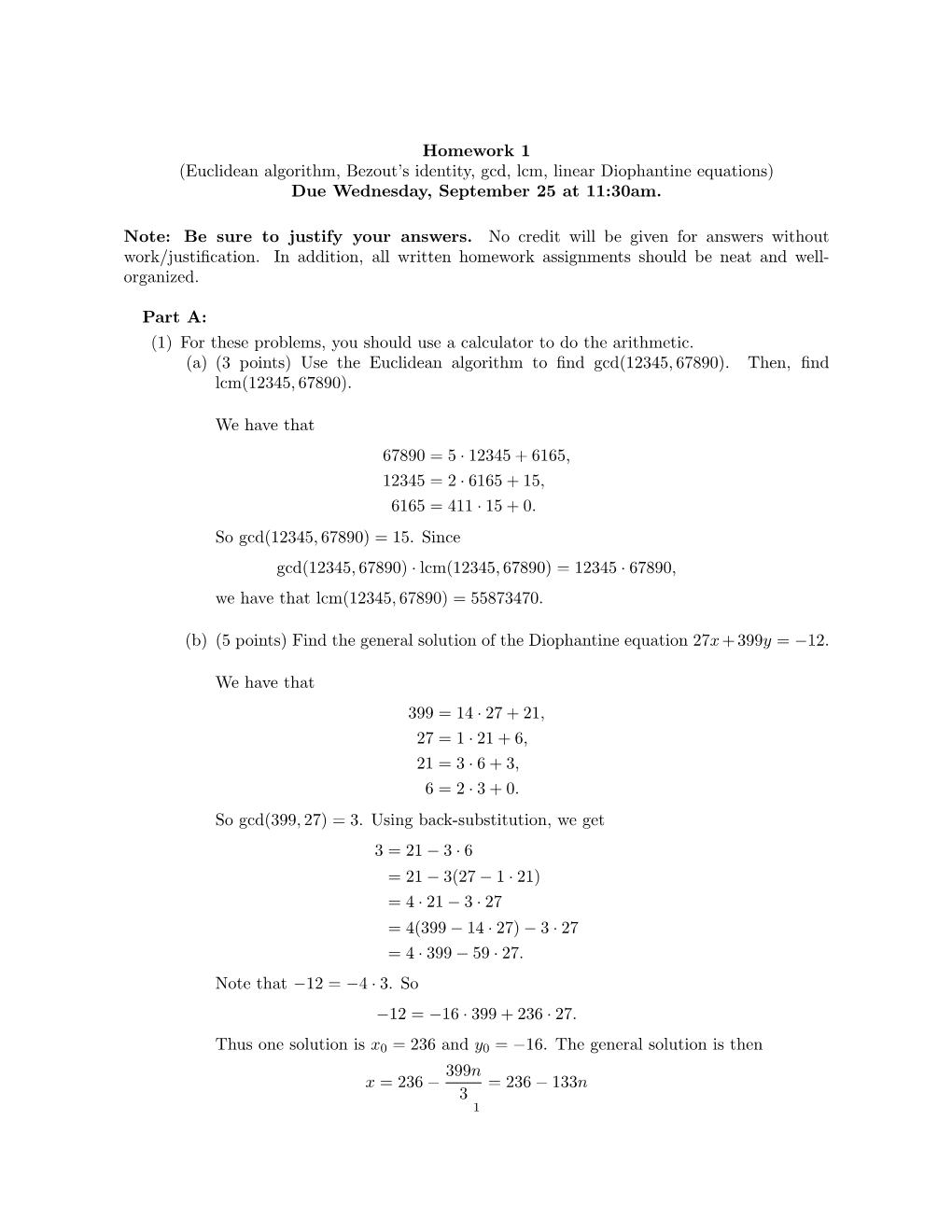 Homework 1 (Euclidean Algorithm, Bezout's Identity, Gcd, Lcm, Linear Diophantine Equations)