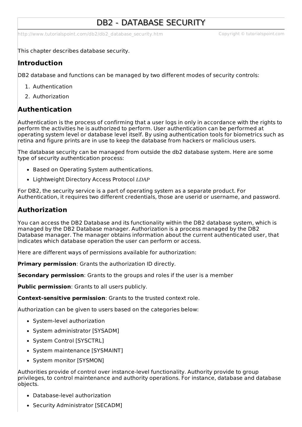 Db2/Db2 Database Security.Htm Copyright © Tutorialspoint.Com