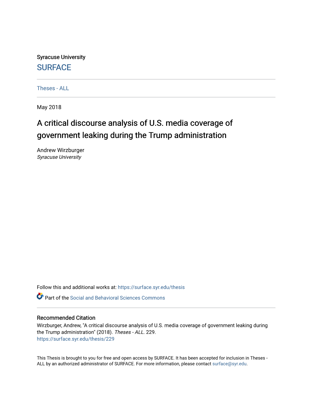 A Critical Discourse Analysis of U.S. Media Coverage of Government Leaking During the Trump Administration