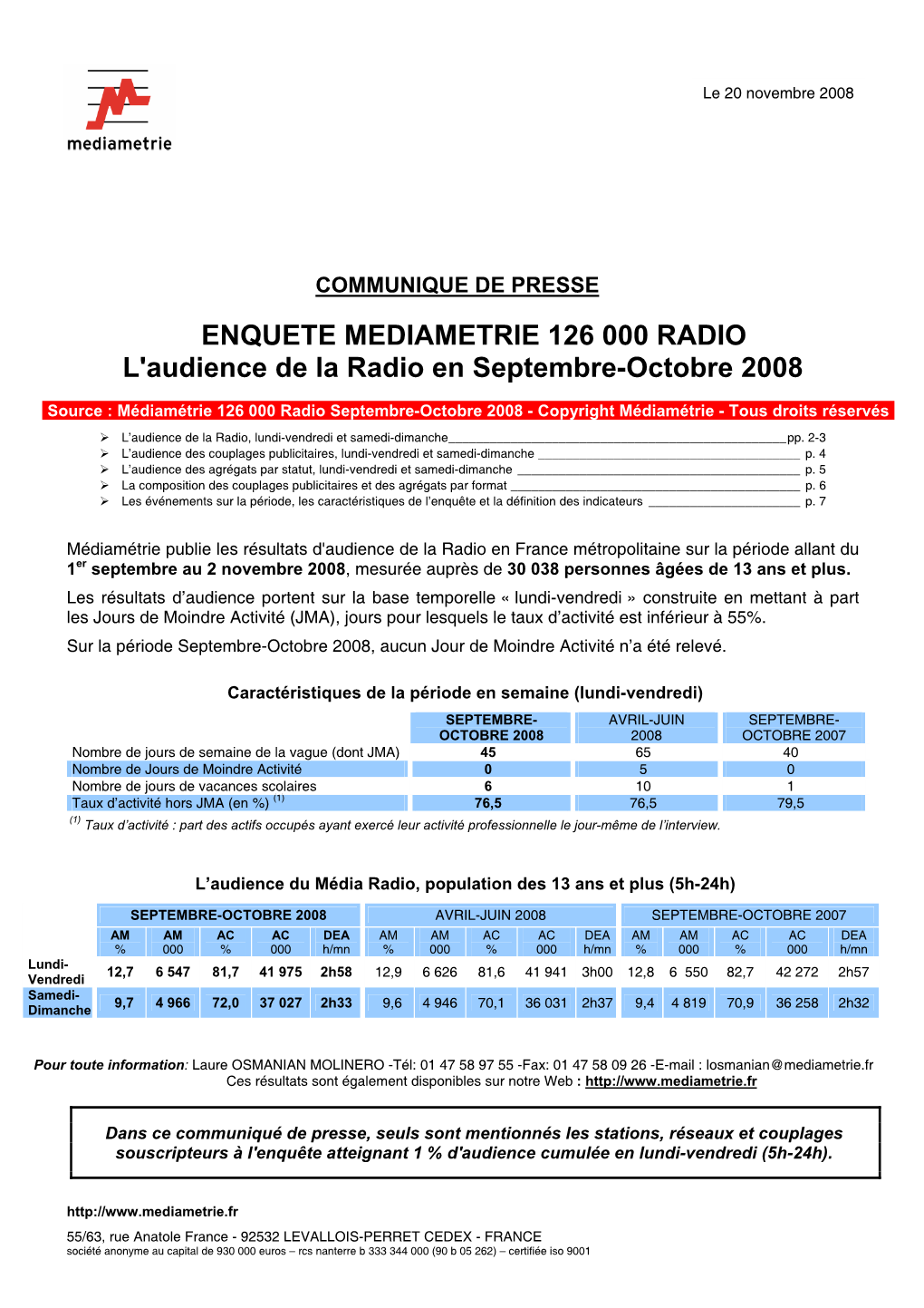 ENQUETE MEDIAMETRIE 126 000 RADIO L'audience De La Radio En Septembre-Octobre 2008