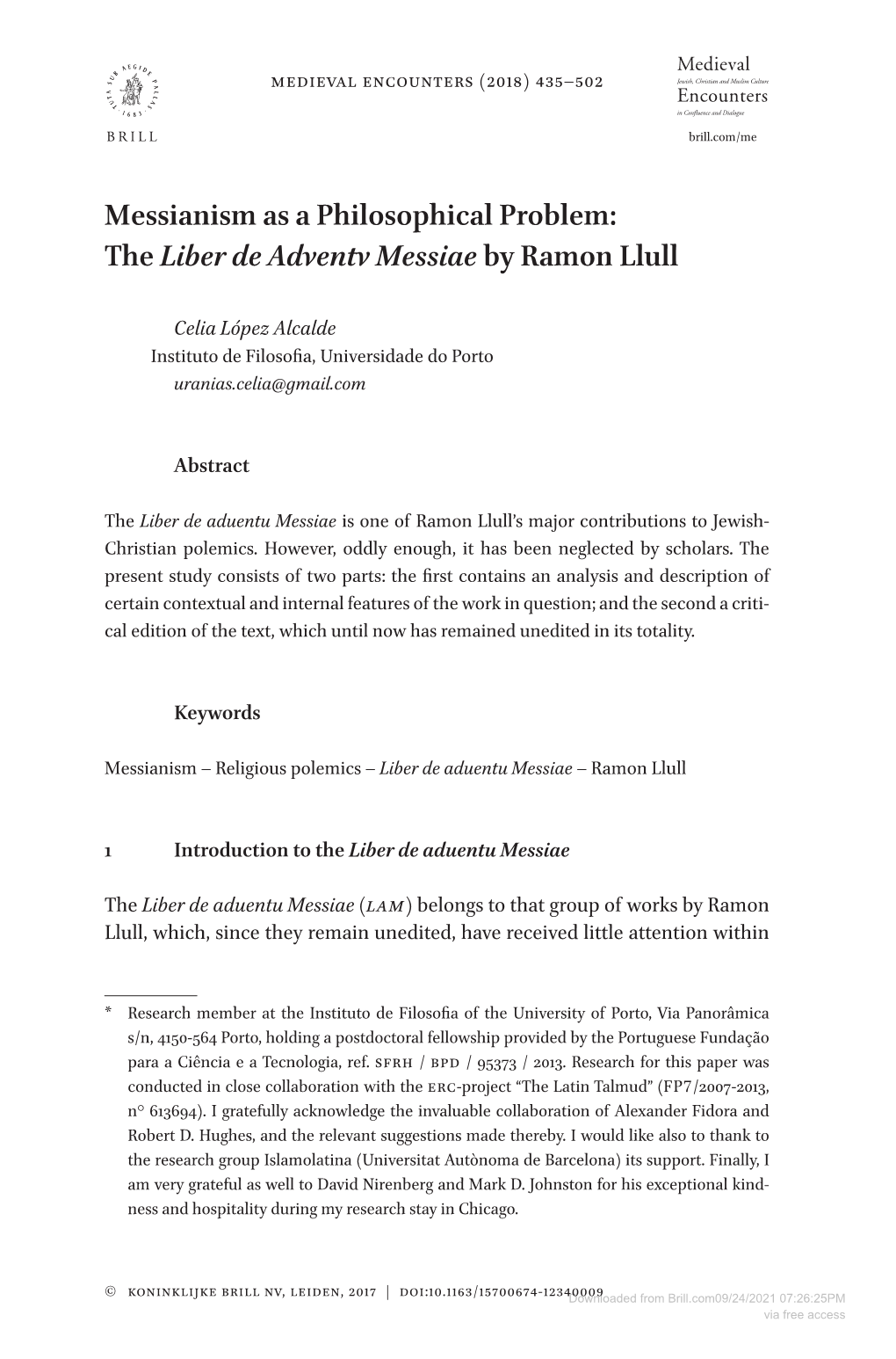 Messianism As a Philosophical Problem: the Liber De Adventv Messiae by Ramon Llull