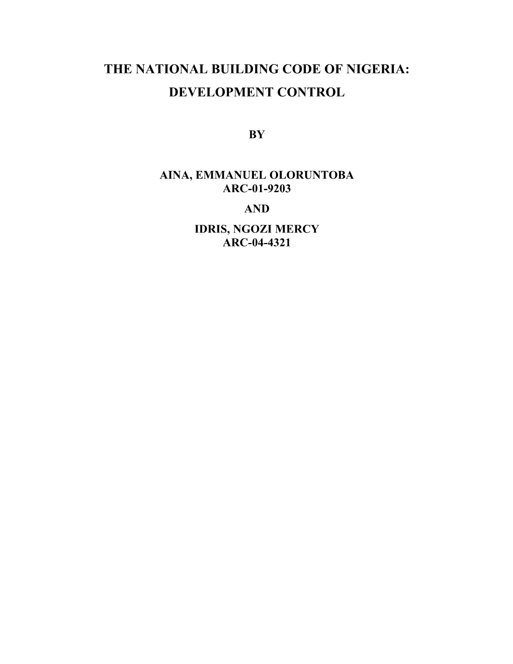 The National Building Code of Nigeria: Development Control