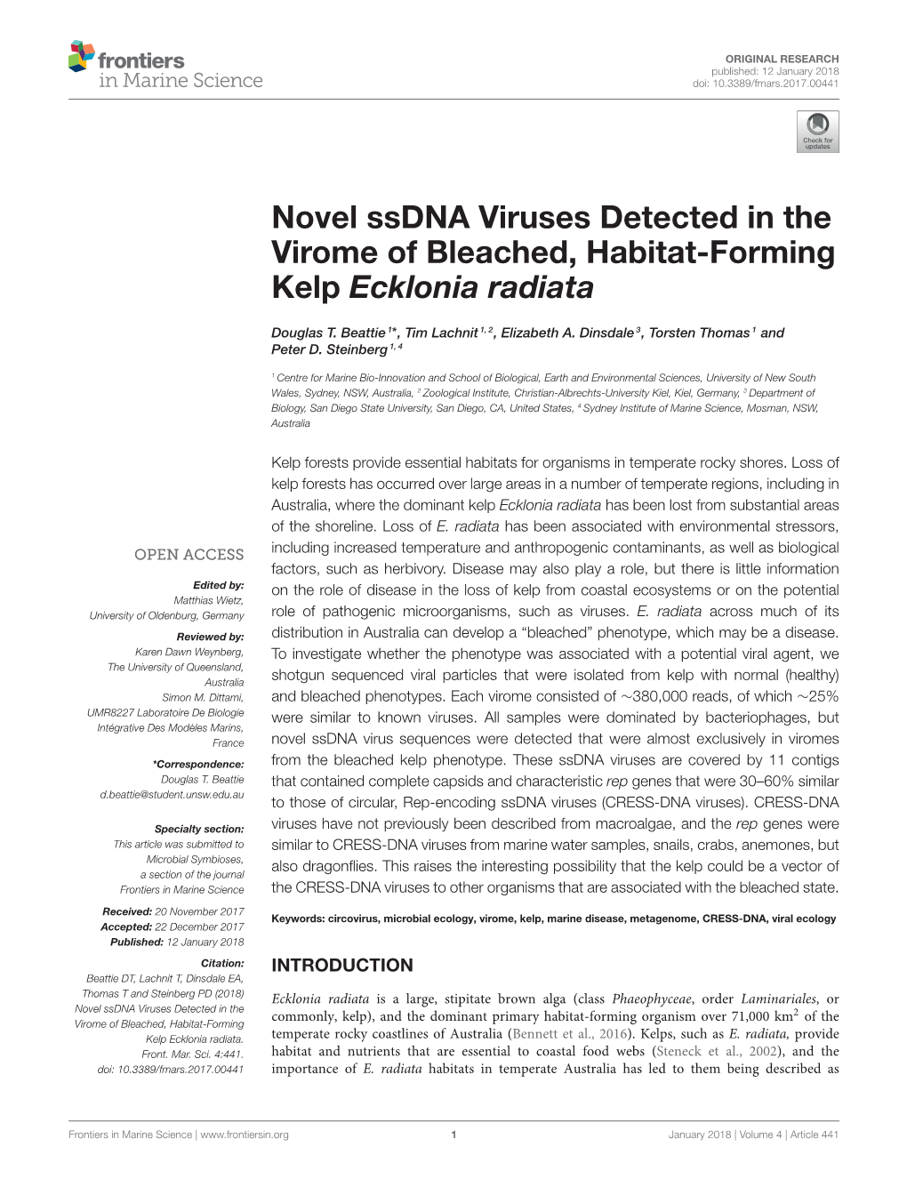 Novel Ssdna Viruses Detected in the Virome of Bleached, Habitat-Forming Kelp Ecklonia Radiata