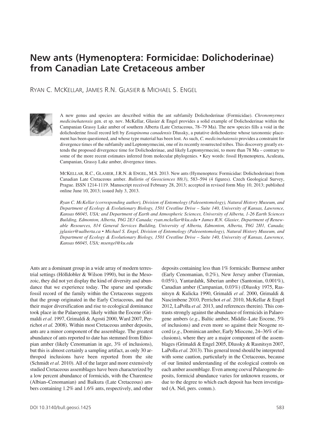 (Hymenoptera: Formicidae: Dolichoderinae) from Canadian Late Cretaceous Amber