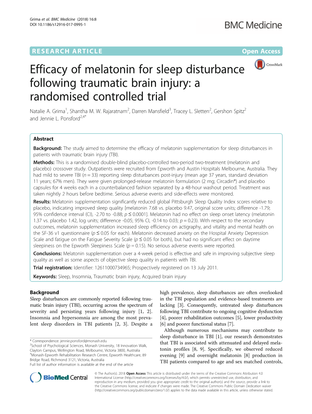 Efficacy of Melatonin for Sleep Disturbance Following Traumatic Brain Injury: a Randomised Controlled Trial Natalie A