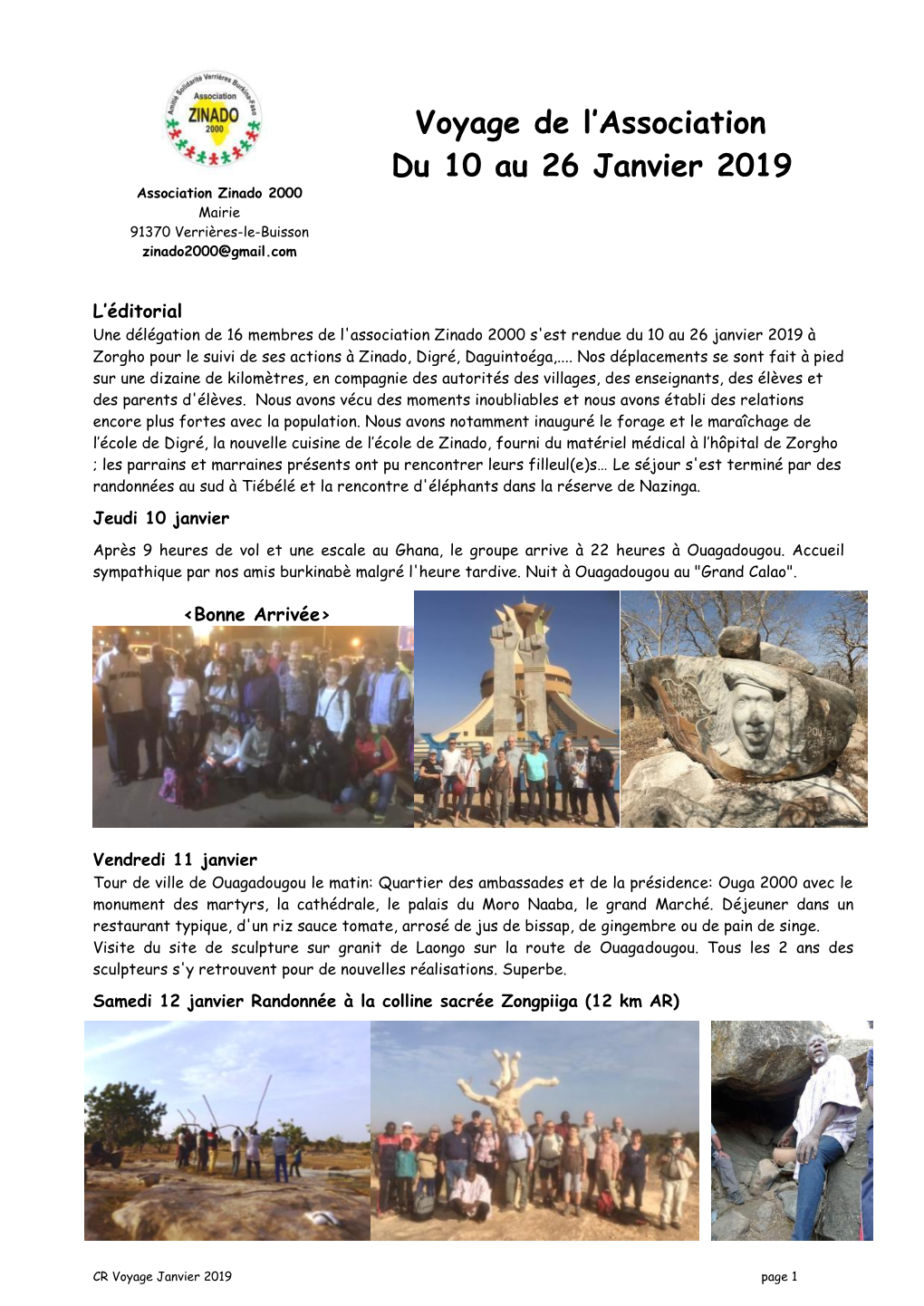 Voyage De L'association Du 10 Au 26 Janvier 2019