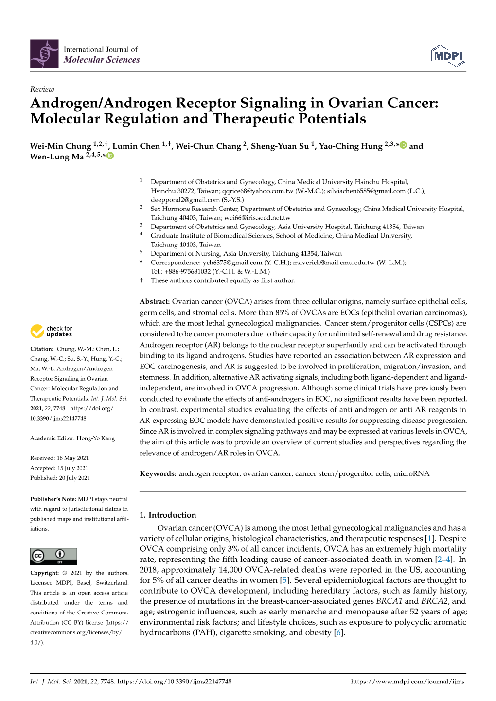 Androgen/Androgen Receptor Signaling in Ovarian Cancer: Molecular Regulation and Therapeutic Potentials