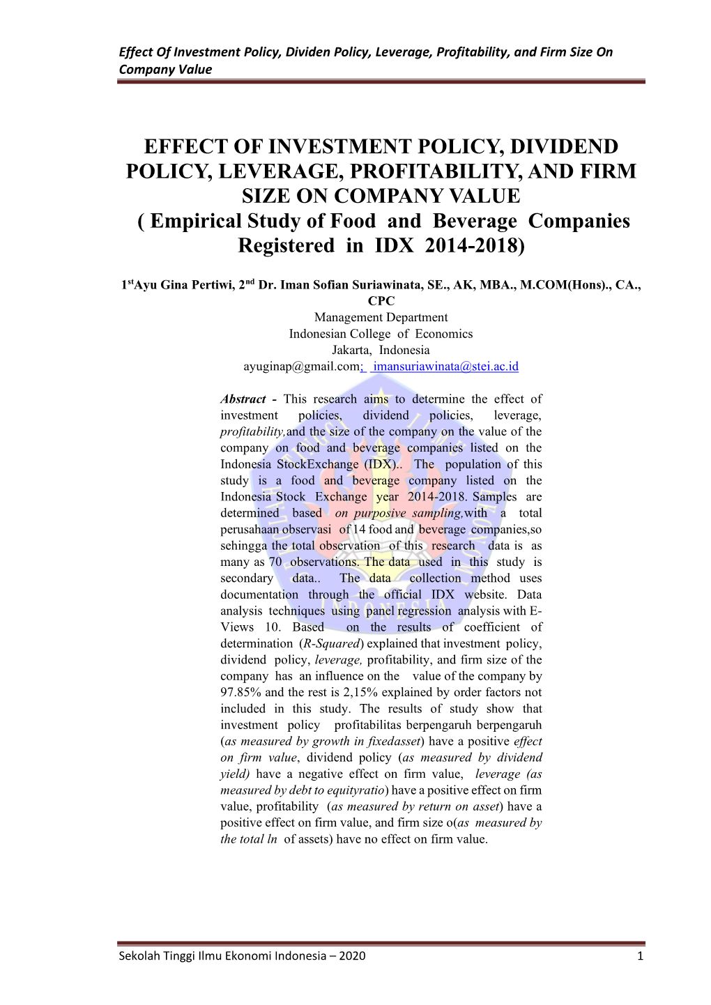 Effect of Investment Policy, Dividend