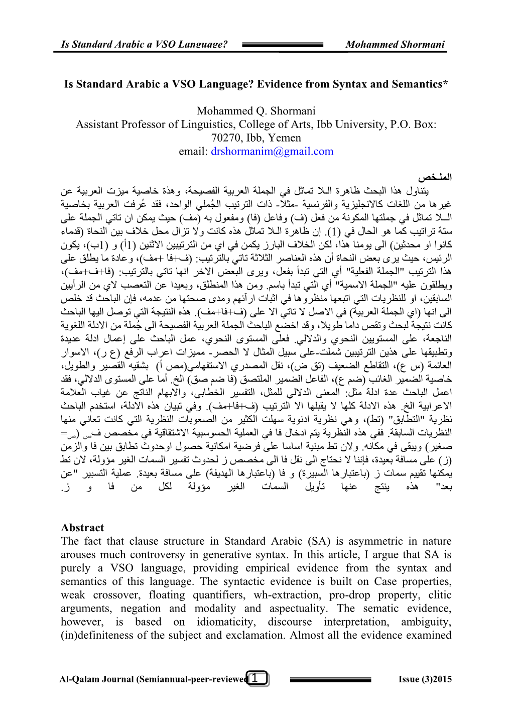 Is Standard Arabic a VSO Language? Evidence from Syntax and Semantics*