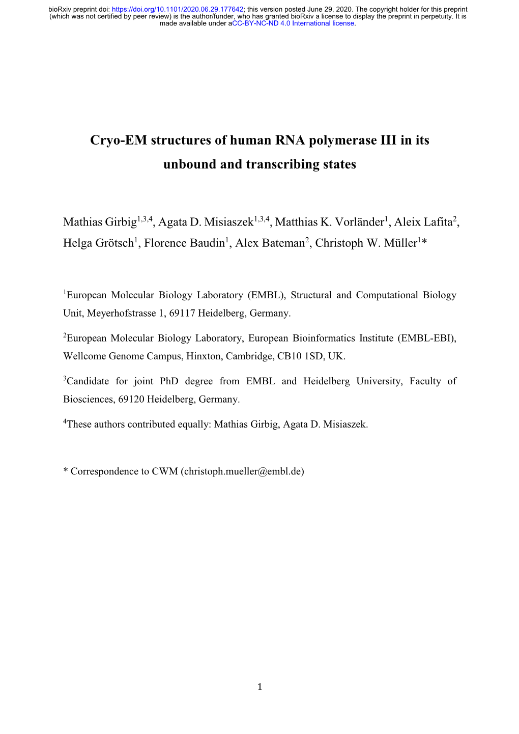 Cryo-EM Structures of Human RNA Polymerase III in Its Unbound and Transcribing States