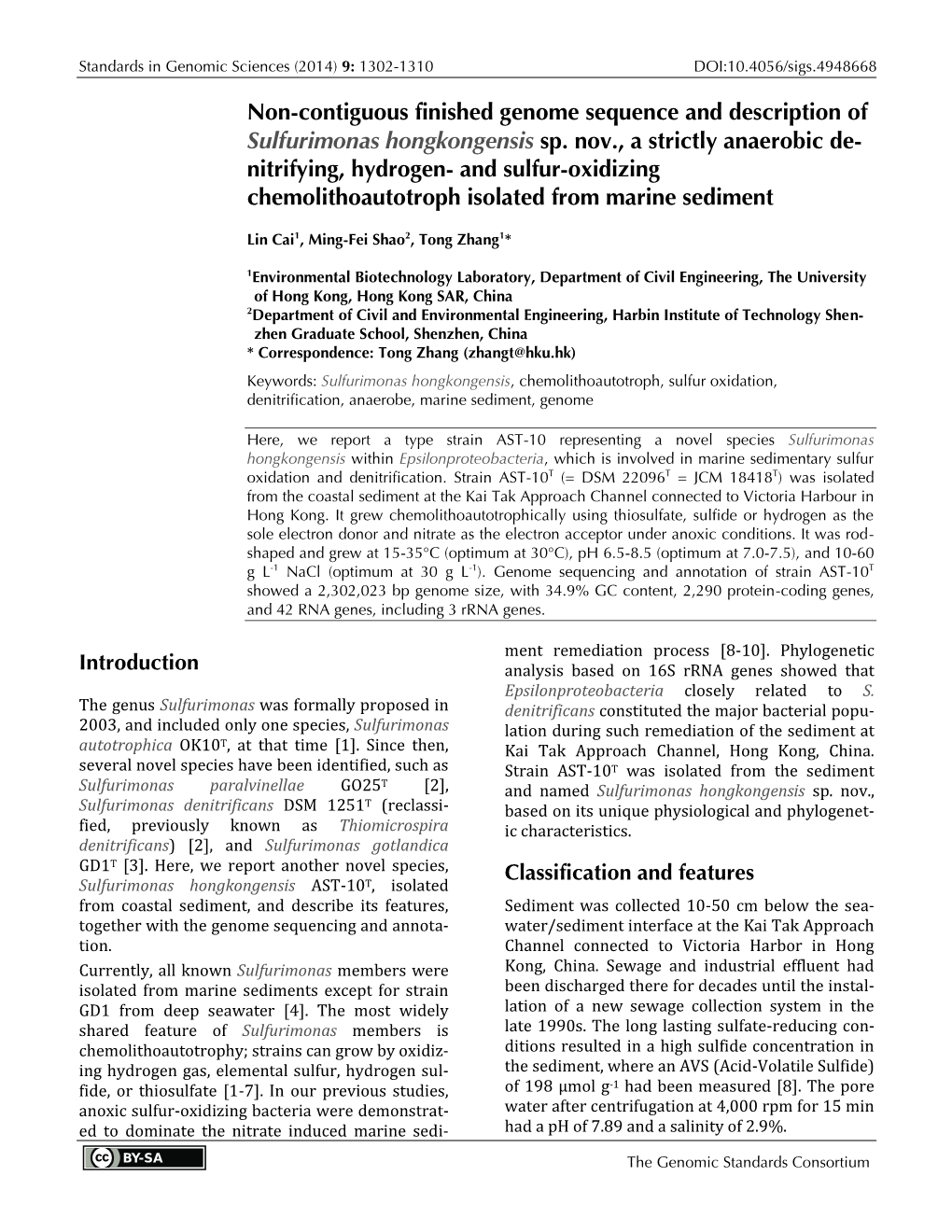 Sulfurimonas Hongkongensis Sp. Nov., a Strictly Anaerobic De- Nitrifying, Hydrogen- and Sulfur-Oxidizing Chemolithoautotroph Isolated from Marine Sediment