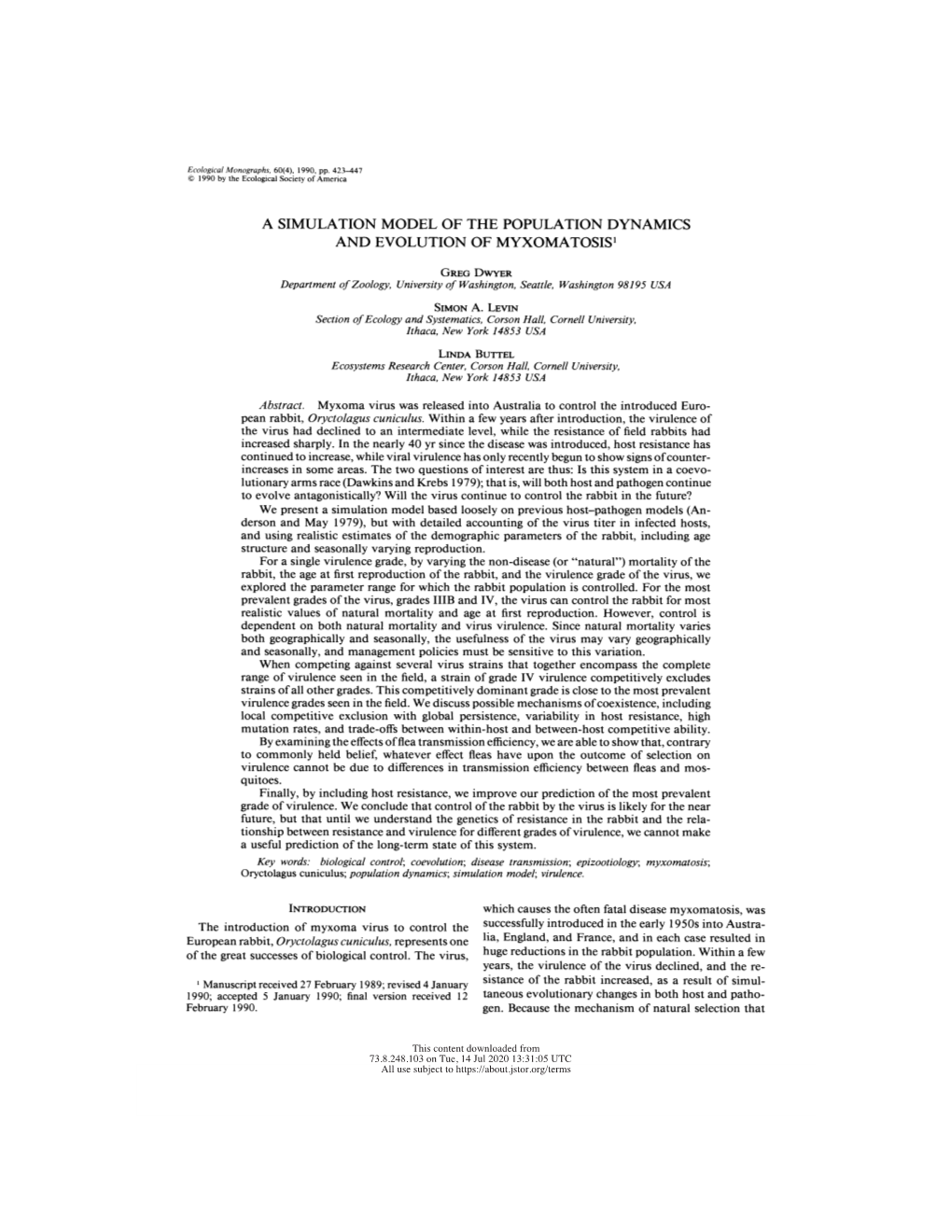 A Simulation Model of the Population Dynamics and Evolution of Myxomatosis1