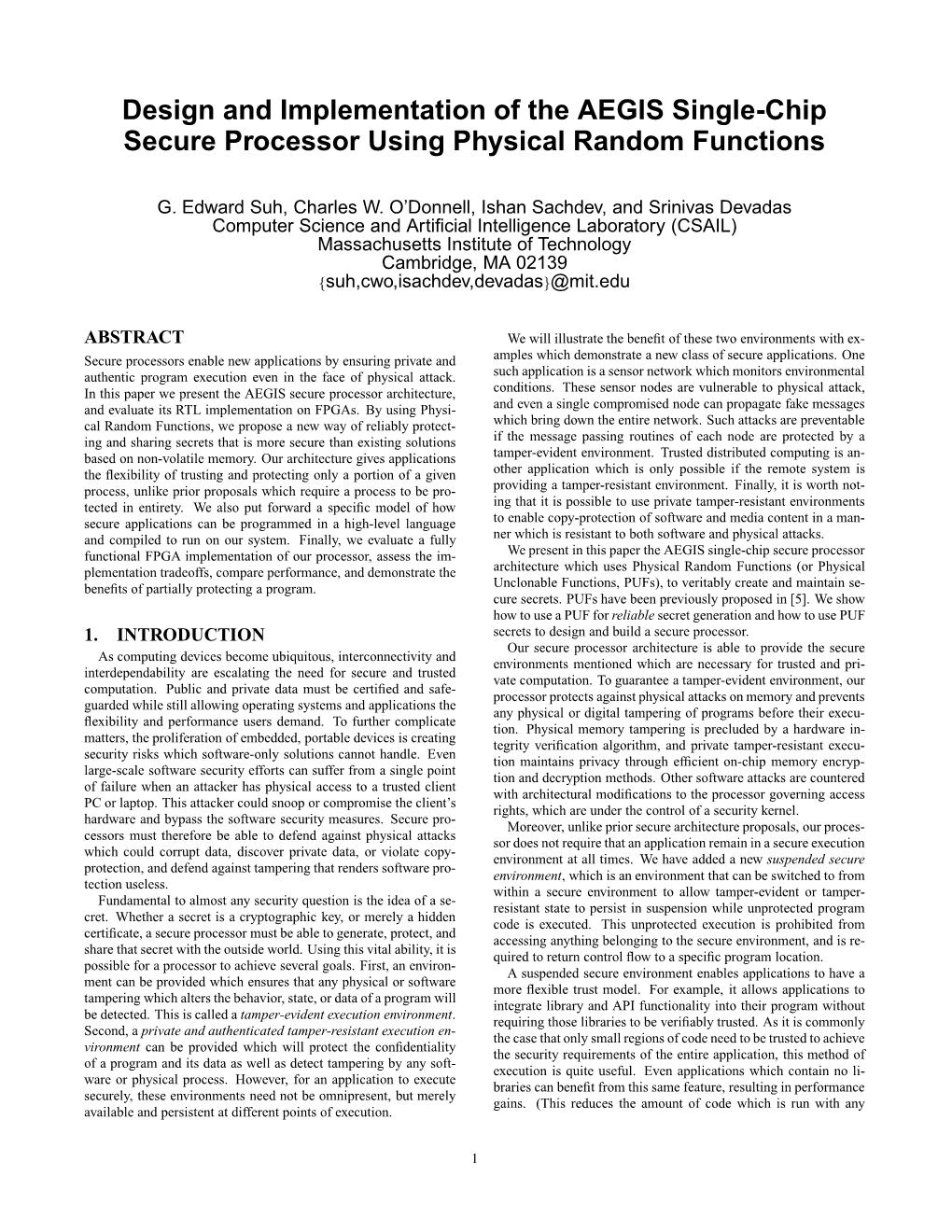 Design and Implementation of the AEGIS Single-Chip Secure Processor Using Physical Random Functions