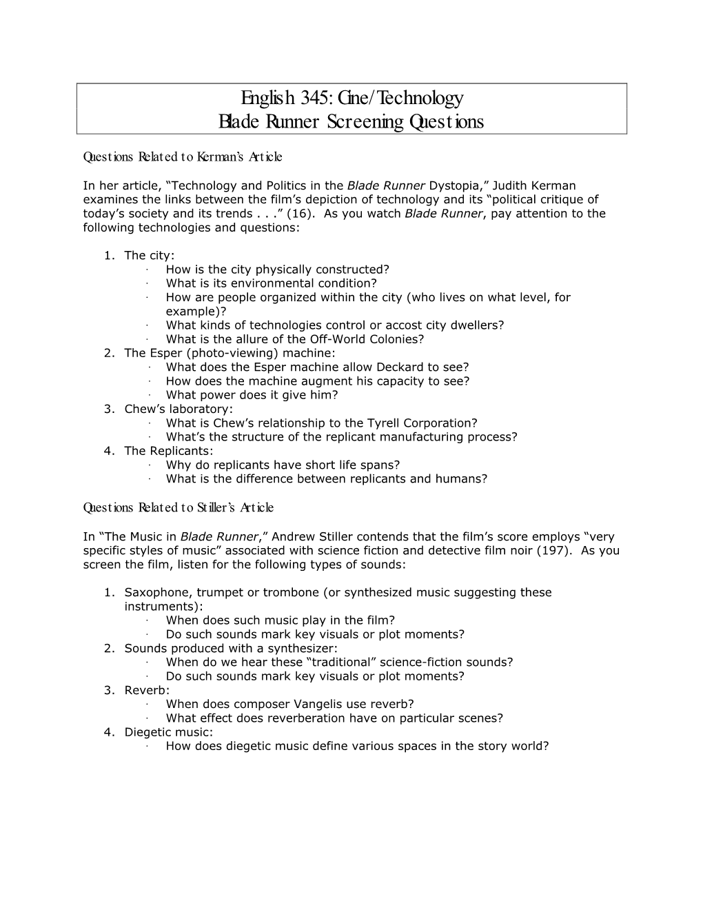 Cine/Technology Blade Runner Screening Questions