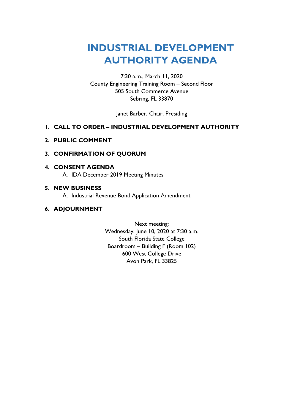 Industrial Development Authority Agenda