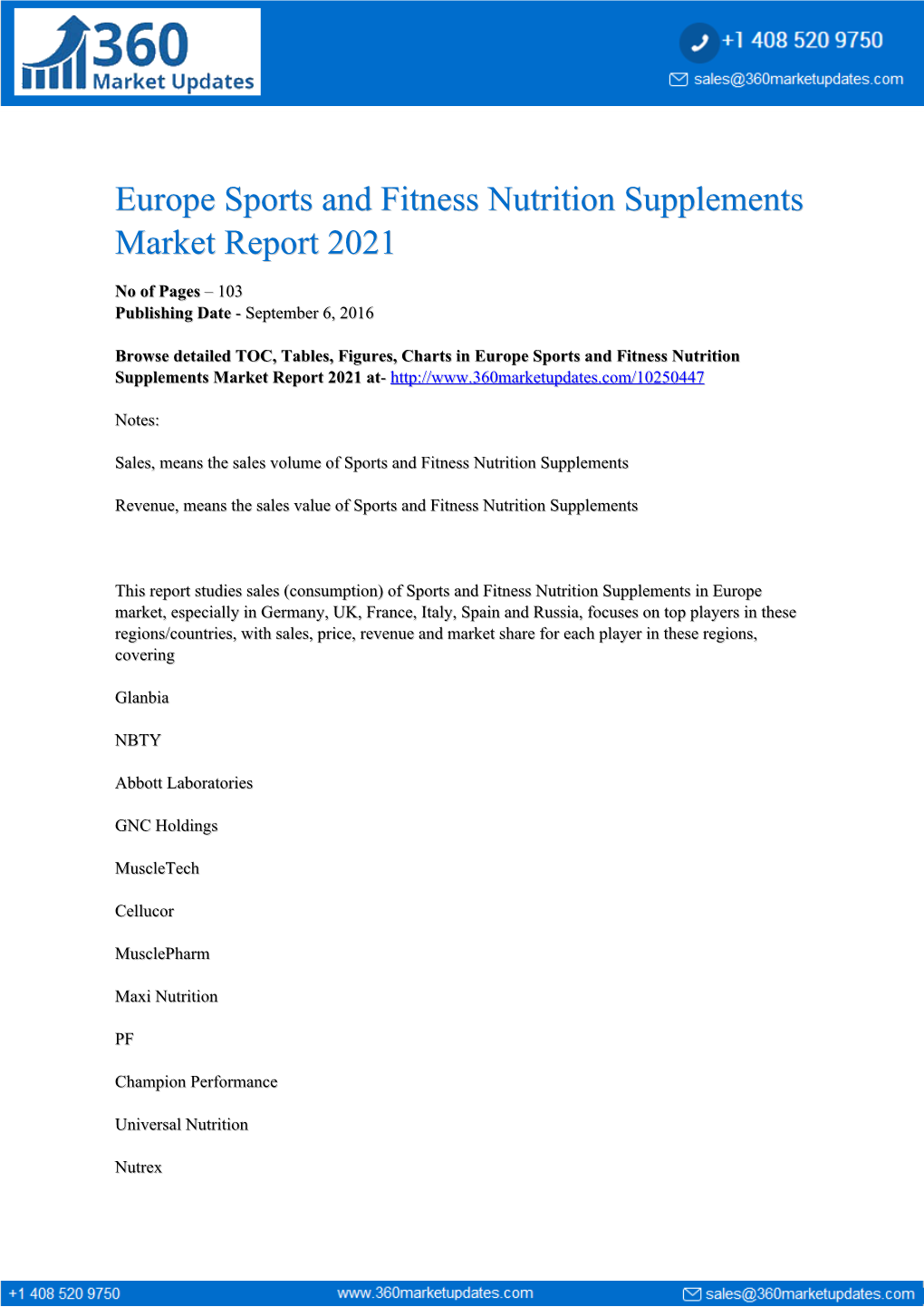 Europe Sports and Fitness Nutrition Supplements Market Report 2021