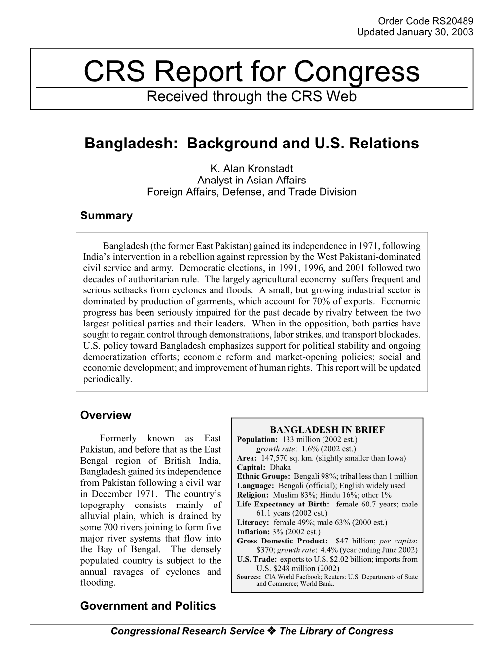 Bangladesh: Background and U.S. Relations