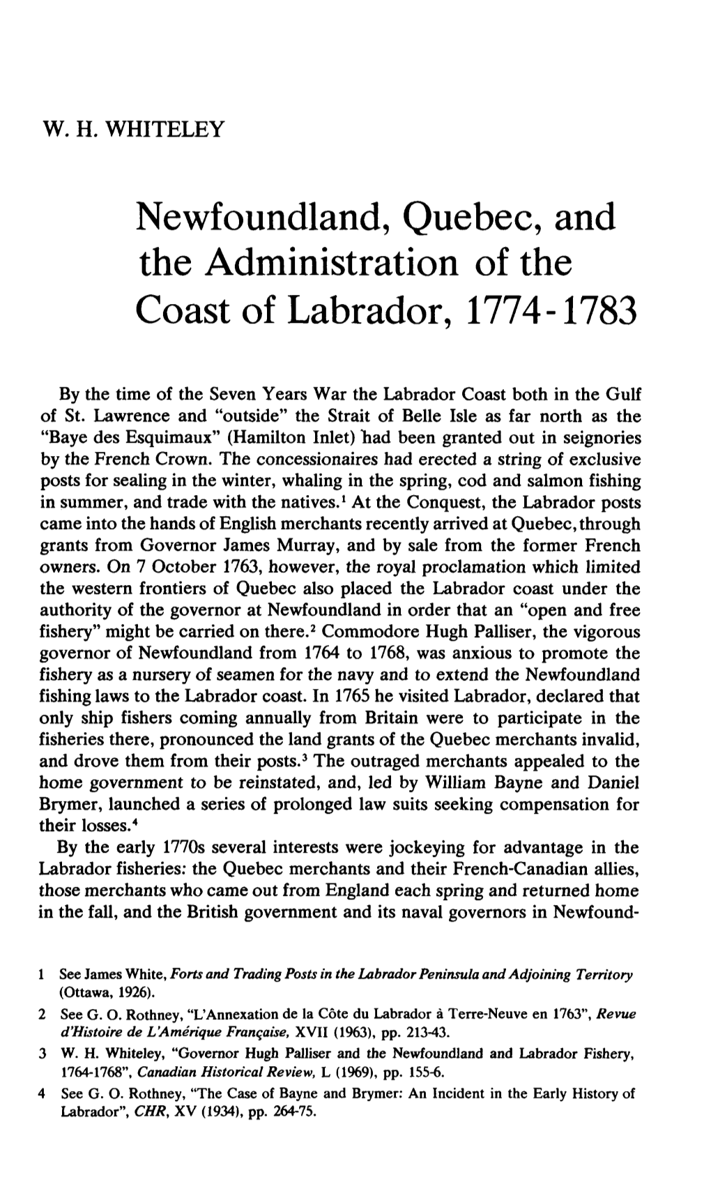 Newfoundland, Quebec, and the Administration of the Coast of Labrador, 1774-1783