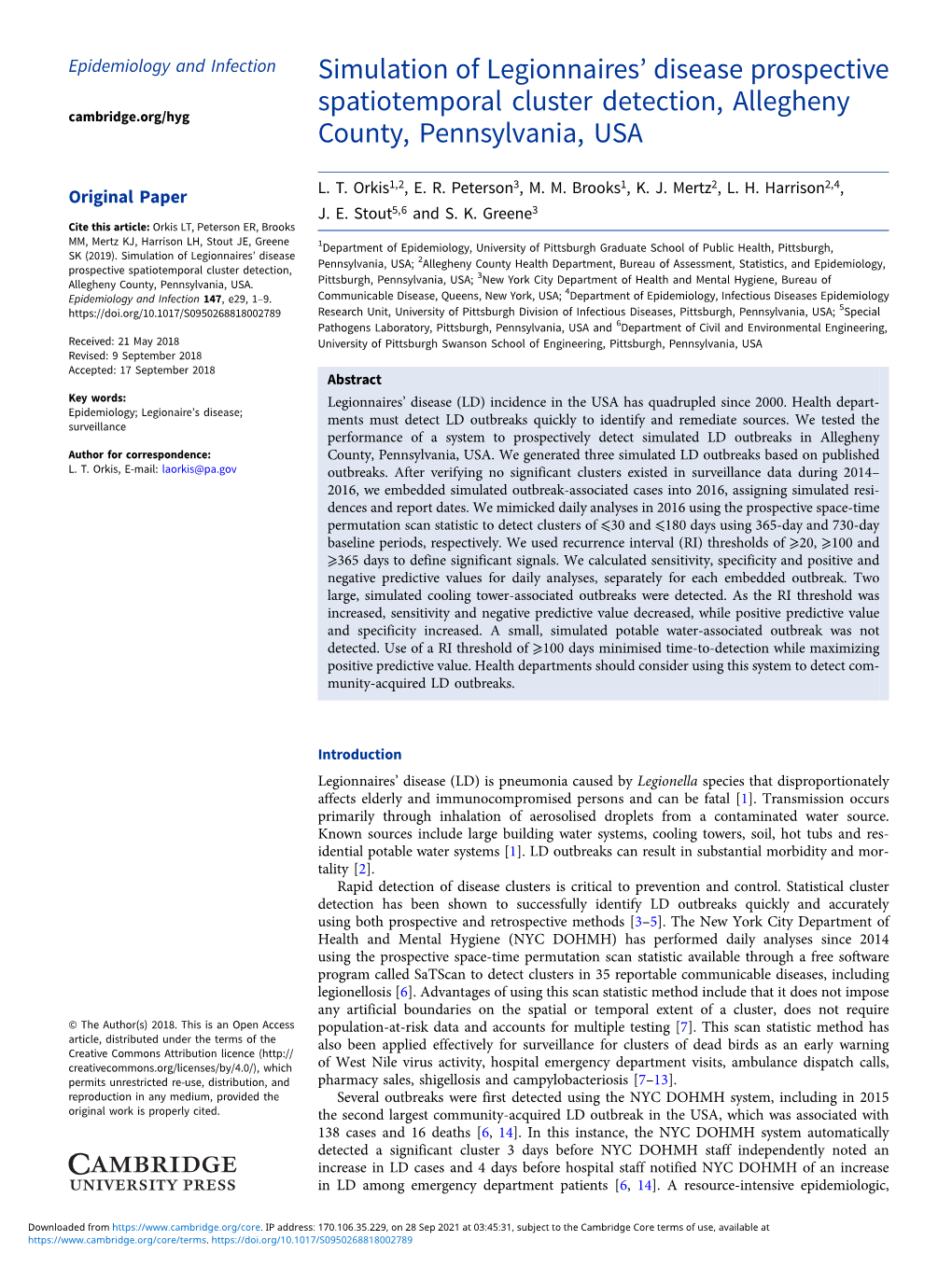 Simulation of Legionnaires' Disease Prospective Spatiotemporal Cluster