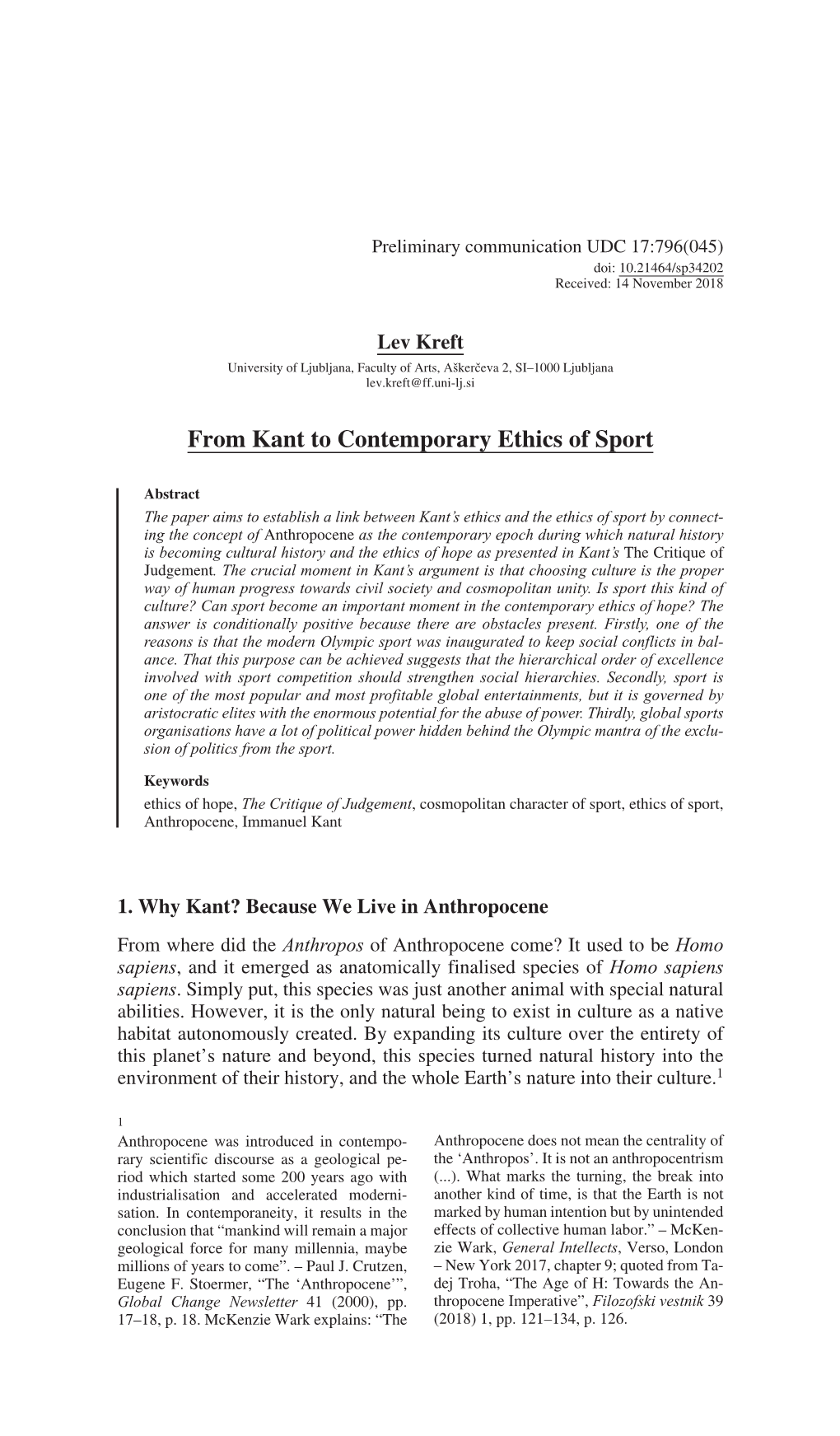 From Kant to Contemporary Ethics of Sport