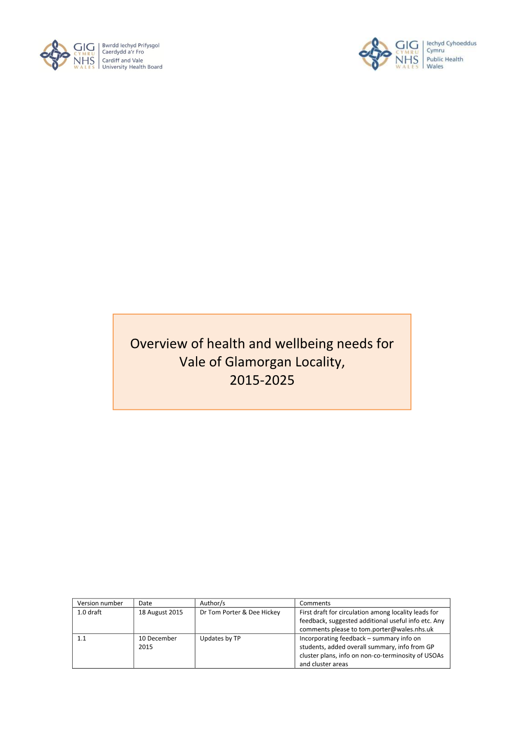 Overview of Health and Wellbeing Needs for Vale of Glamorgan Locality