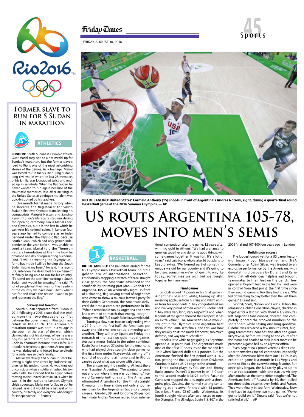 US Routs Argentina 105-78, Moves Into MEN's Semis