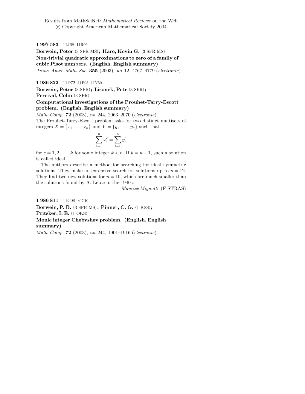 Mathematical Reviews on the Web C Copyright American Mathematical Society 2004