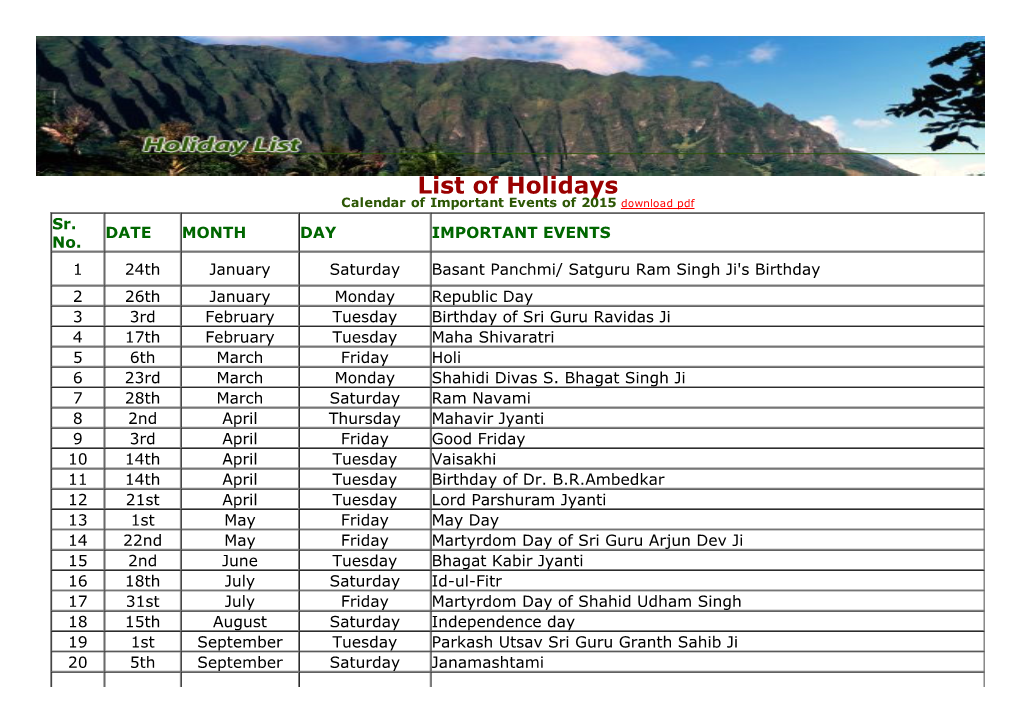 List of Holidays Calendar of Important Events of 2015 Download Pdf Sr