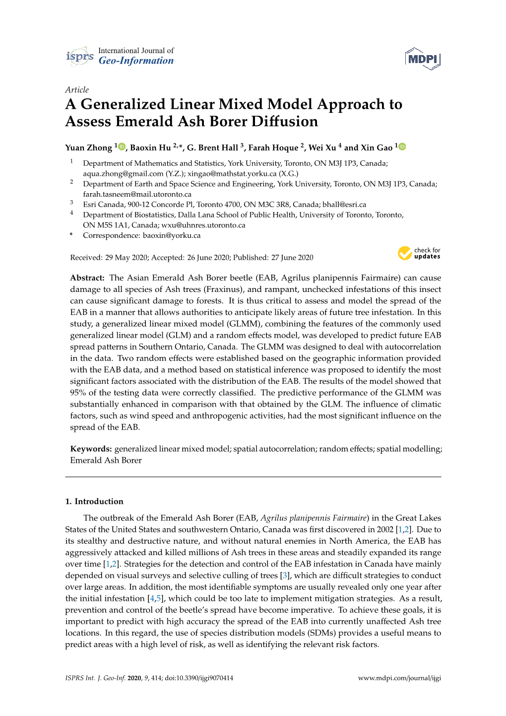 A Generalized Linear Mixed Model Approach to Assess Emerald Ash Borer Diﬀusion