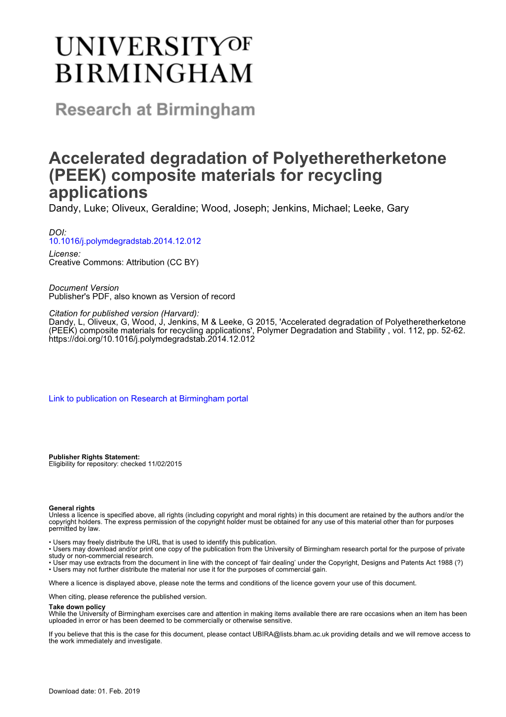 (PEEK) Composite Materials for Recycling Applications Dandy, Luke; Oliveux, Geraldine; Wood, Joseph; Jenkins, Michael; Leeke, Gary