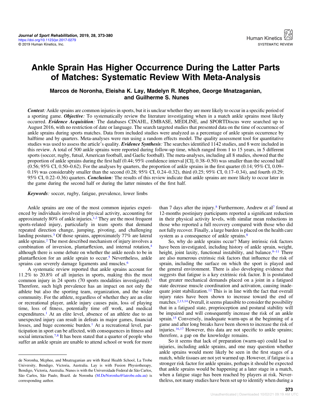 Ankle Sprain Has Higher Occurrence During the Latter Parts of Matches: Systematic Review with Meta-Analysis