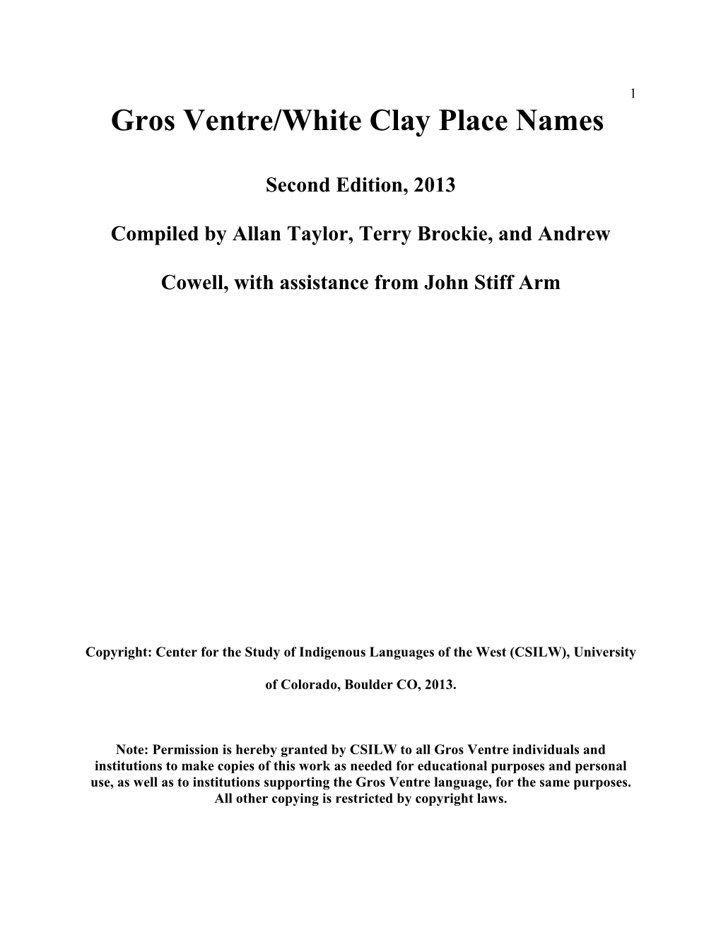 Gros Ventre/White Clay Place Names