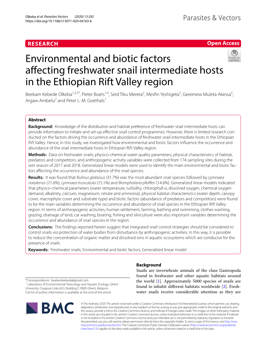 Environmental and Biotic Factors Affecting Freshwater Snail Intermediate Hosts in the Ethiopian Rift Valley Region