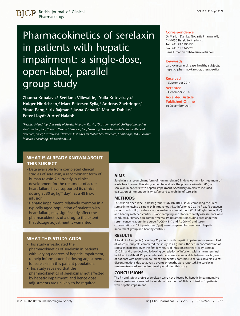 Pharmacokinetics of Serelaxin in Patients With