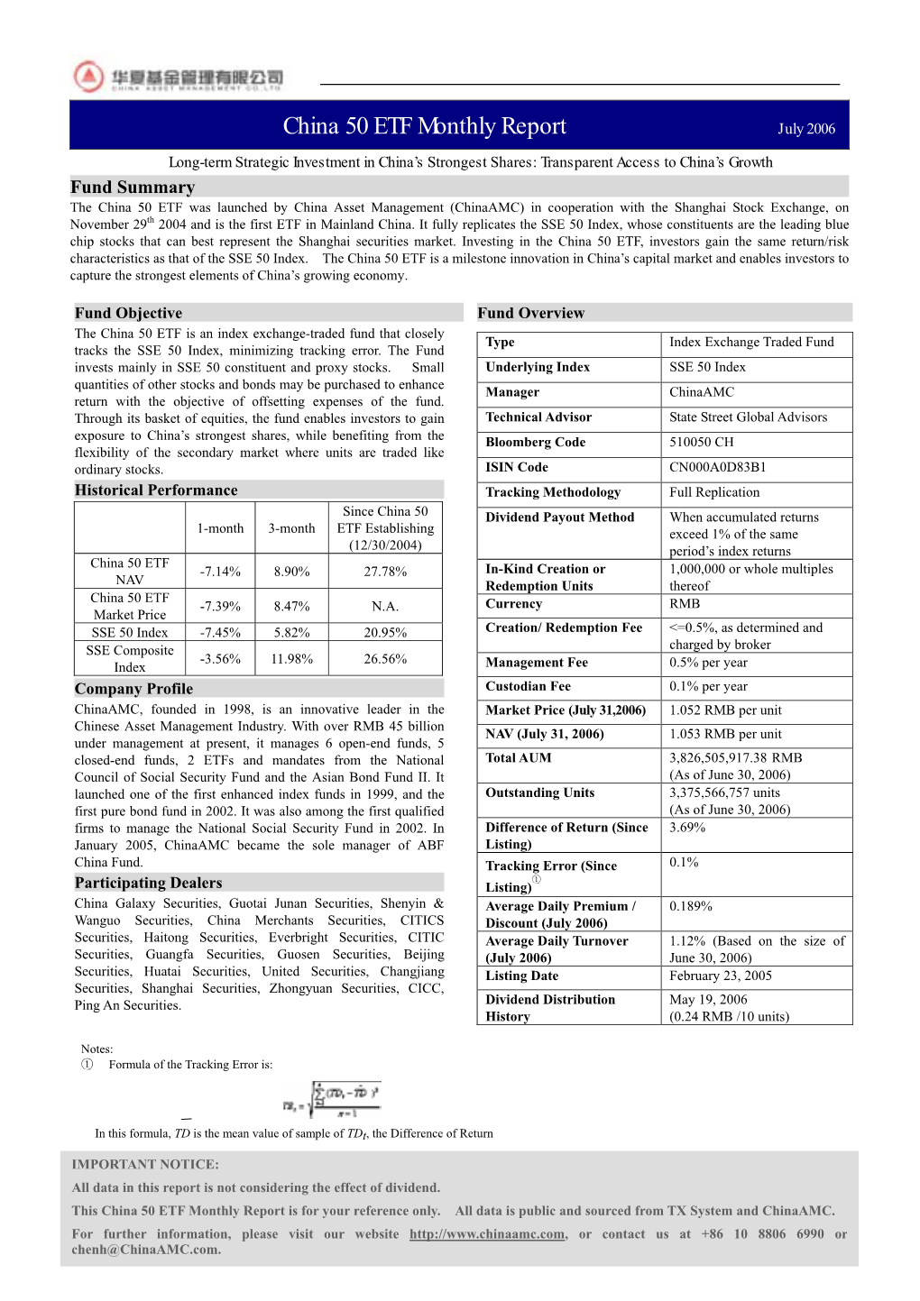 China 50 ETF Monthly Report July 2006