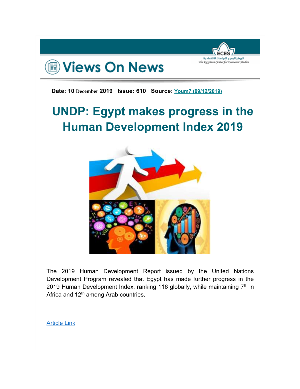 UNDP: Egypt Makes Progress in the Human Development Index 2019