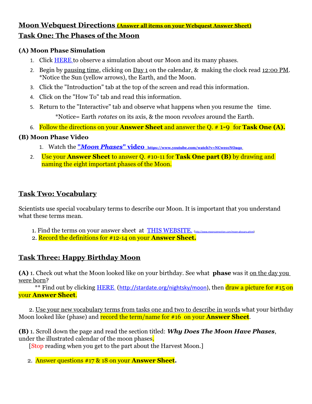 Moon Webquest Directions (Answer All Items on Your Webquest Answer Sheet)