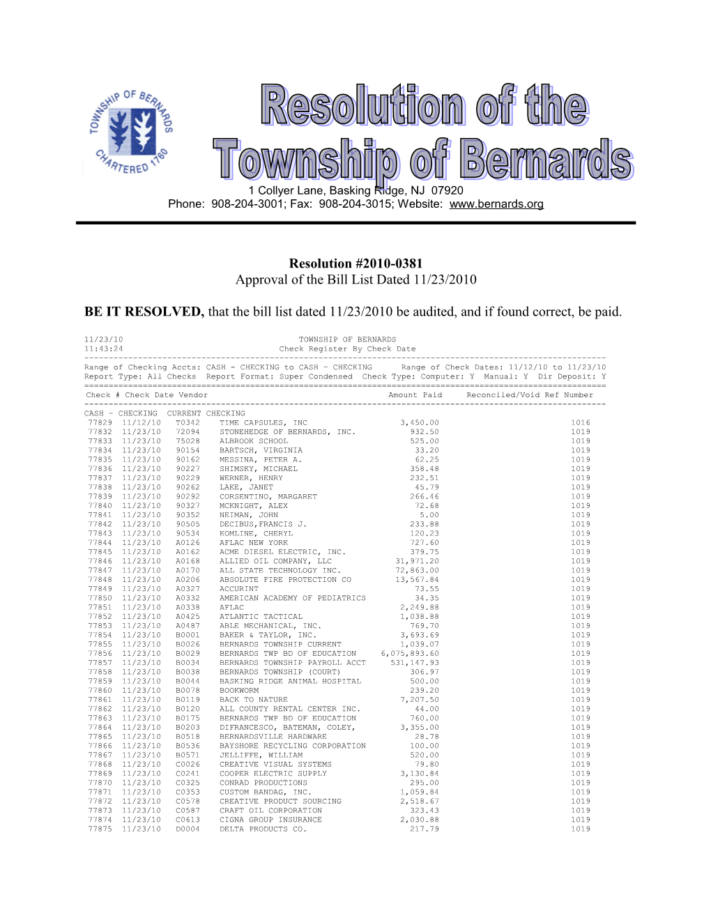 Approval of the Bill List Dated 11/23/2010