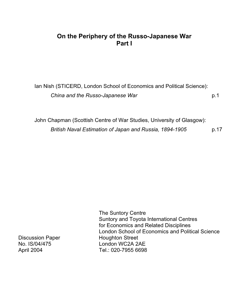 On the Periphery of the Russo-Japanese War Part I