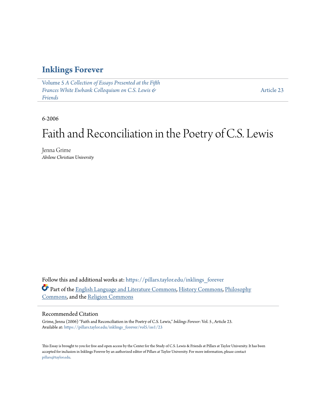 Faith and Reconciliation in the Poetry of C.S. Lewis Jenna Grime Abilene Christian University