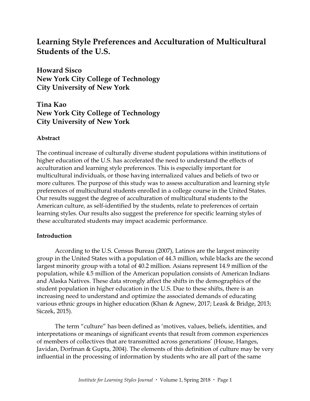 Learning Style Preferences and Acculturation of Multicultural Students of the U.S