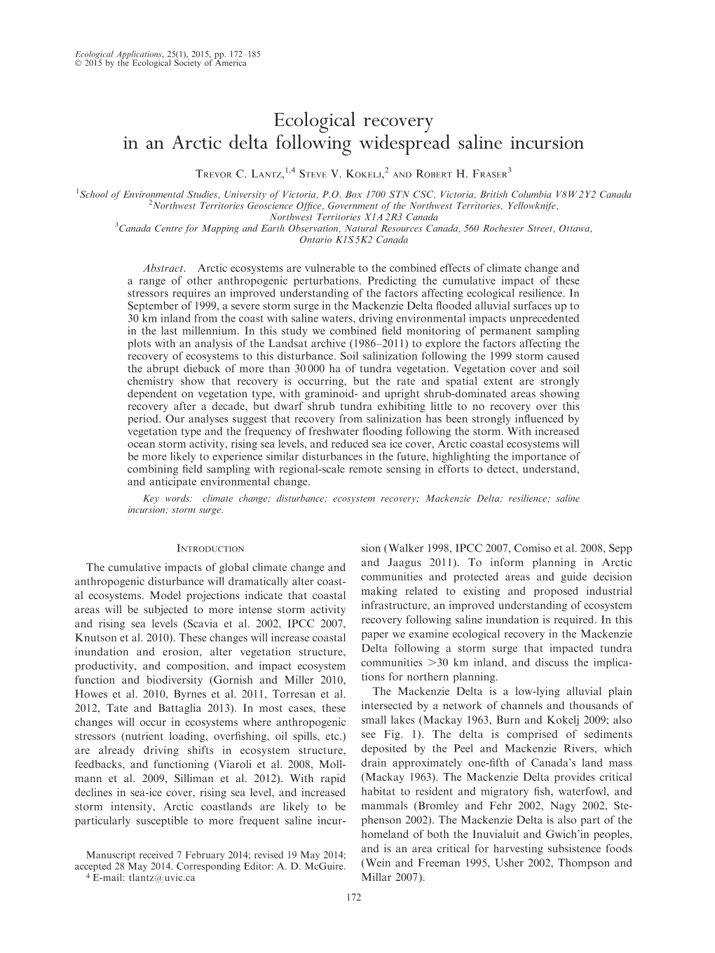 Ecological Recovery in an Arctic Delta Following Widespread Saline Incursion