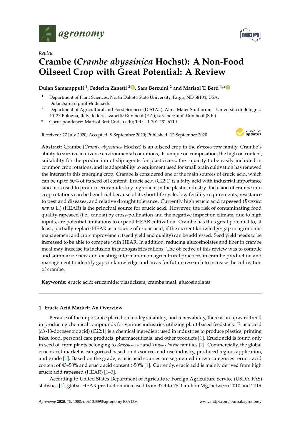 Crambe (Crambe Abyssinica Hochst): a Non-Food Oilseed Crop with Great Potential: a Review