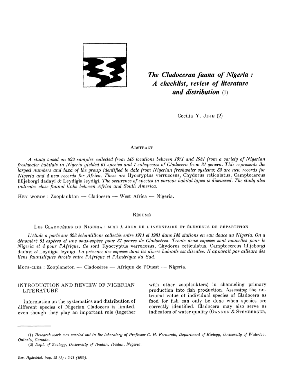 The Cladoceran Fauna of Nigeria